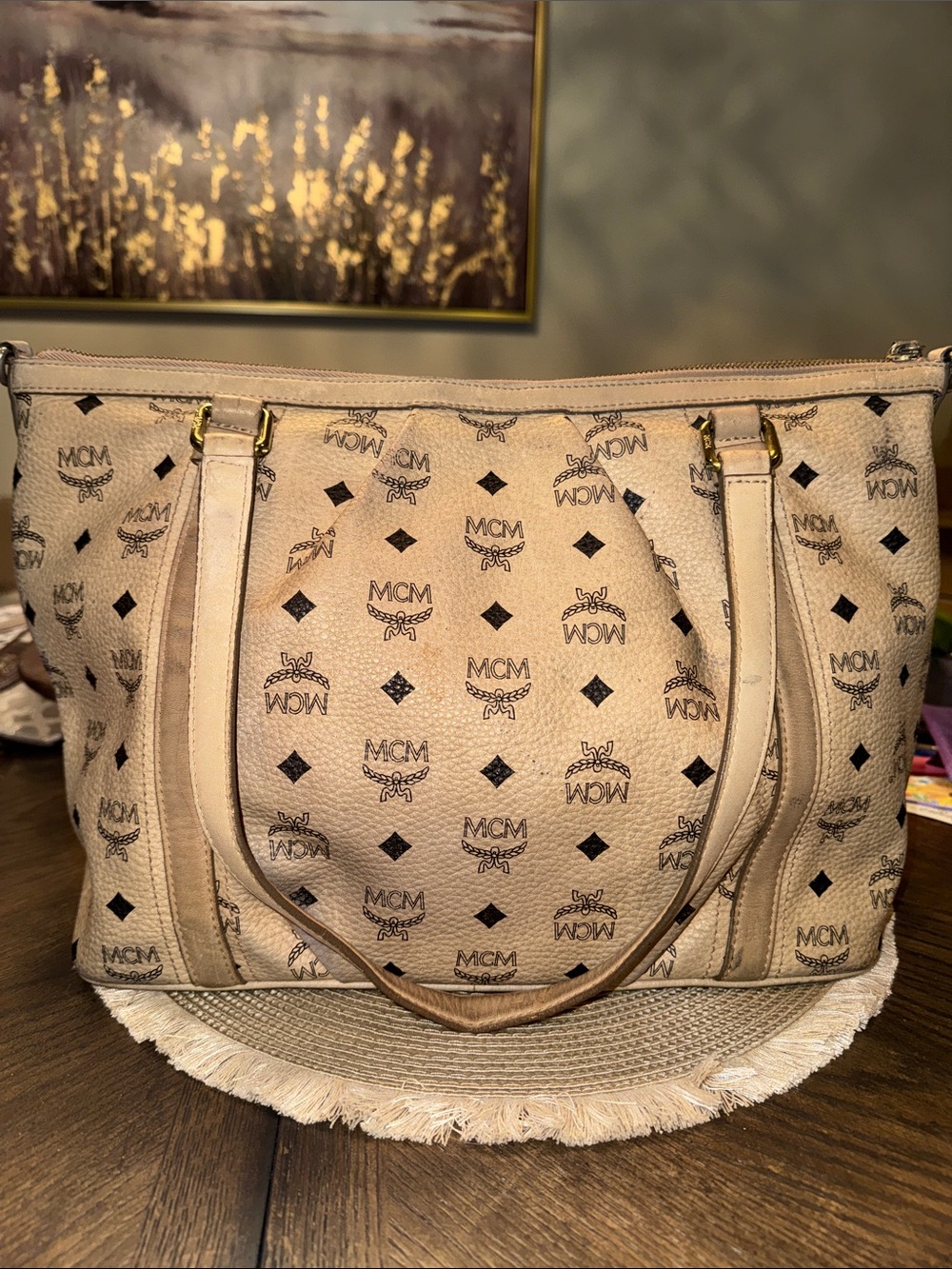MCM Visetos Beige Monogram Shoulder Bag with Gold Hardware - Picture 2 of 14